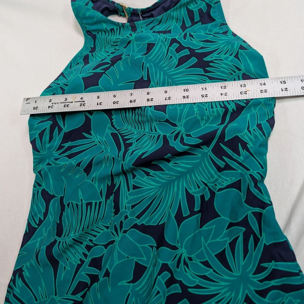 Lands' End Women Tropical Palm Print One Piece Swimsuit L Green Blue